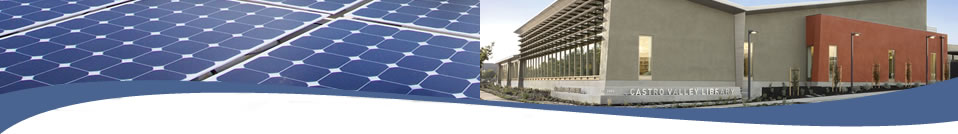 Collage of photos showing solar panels and the castro valley library.