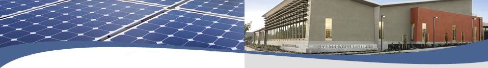 Collage of photos showing solar panels and the castro valley library.