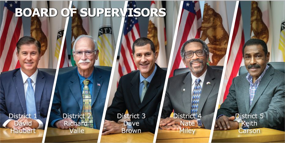 Photo collage of the Board of Supervisors showing: David Haubert-District 1, Richard Valle-District 2, Dave Brown-District 3, Nate Miley-District 4, Keith Carson-District 5. 